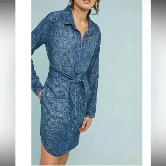 Anthropologie Cloth & Stone Dress V-Neck Long Sleeve Short Belted - Picture 1 of 7